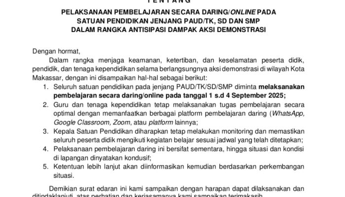 Pemkot Makassar Terapkan WFA Bagi Pegawai dan Belajar Daring Pelajar, Tanggal 1–4 September