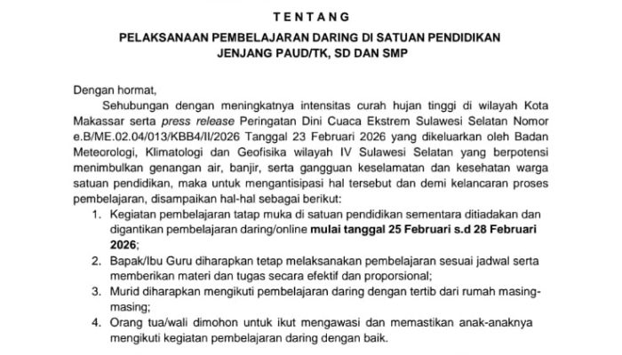 Hujan Ekstrem, Disdik Makassar Liburkan Tatap Muka 4 Hari dan Terapkan Sekolah Daring